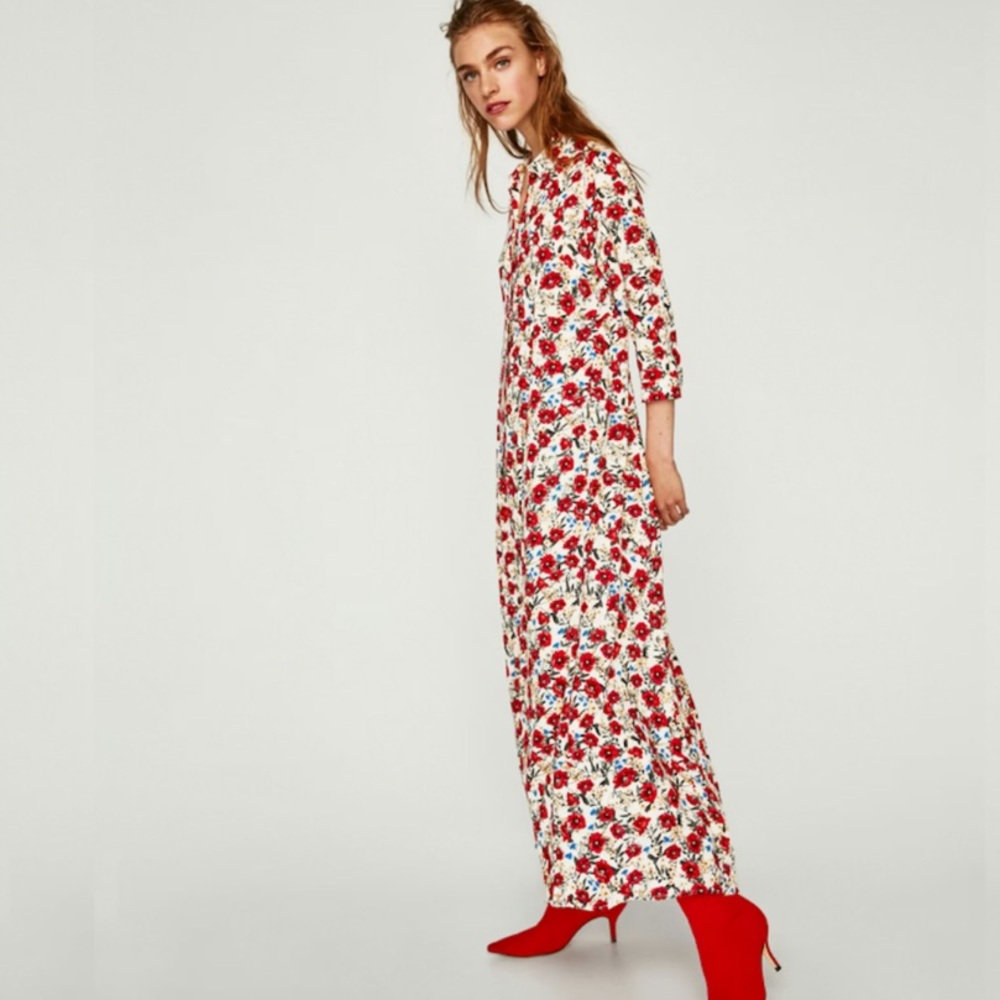 Zara White Floral Long Sleeve Wrap Dress with Red Accents - Picture 2 of 9